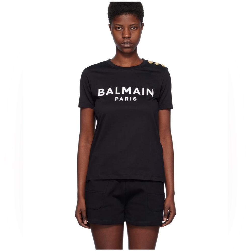 Balmain Women T Shirt with Gold Button Detail